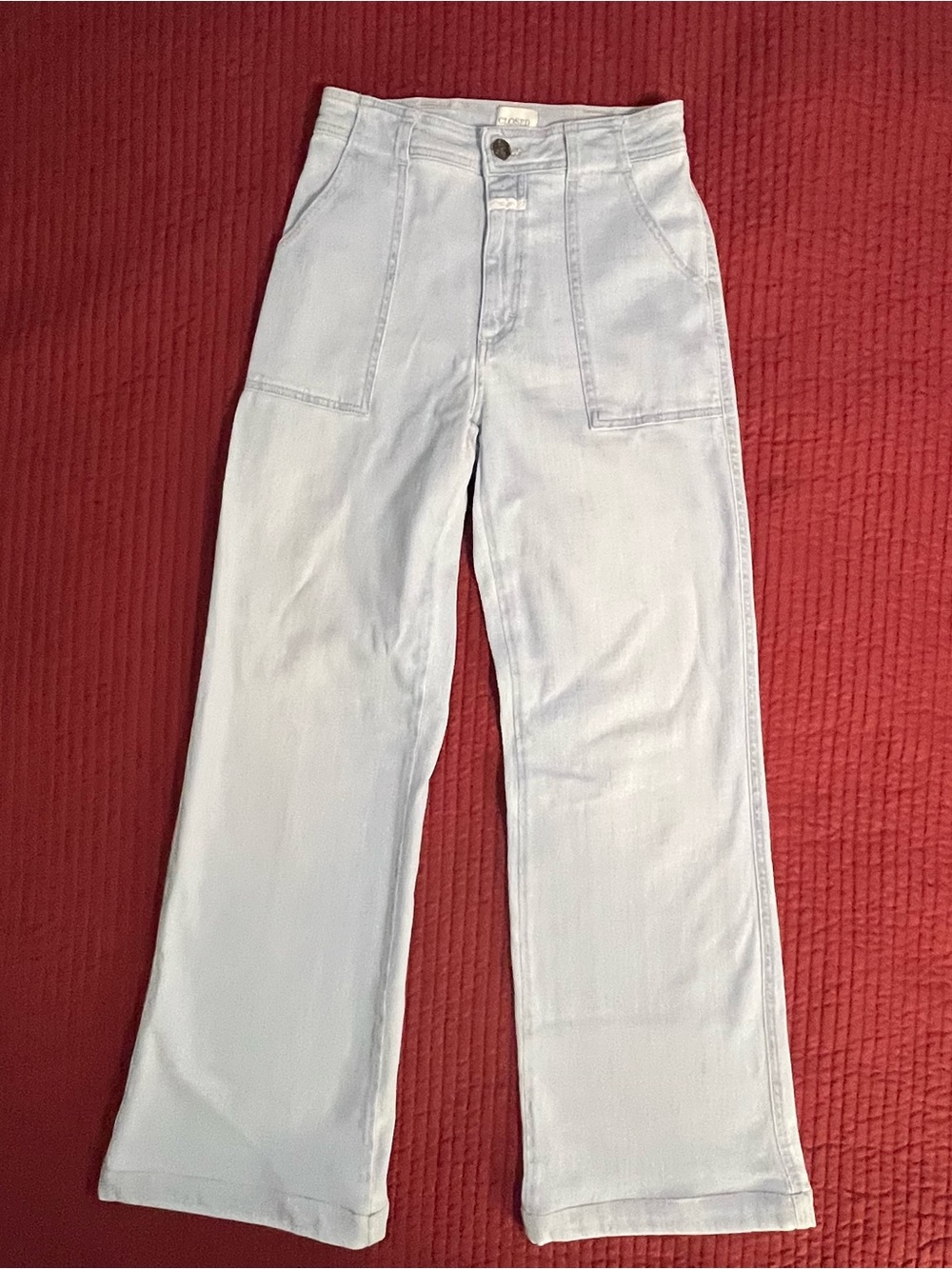 CLOSED Aria High Rise Flared Utility Jeans Light Blue Wash Italian Denim 26 $385